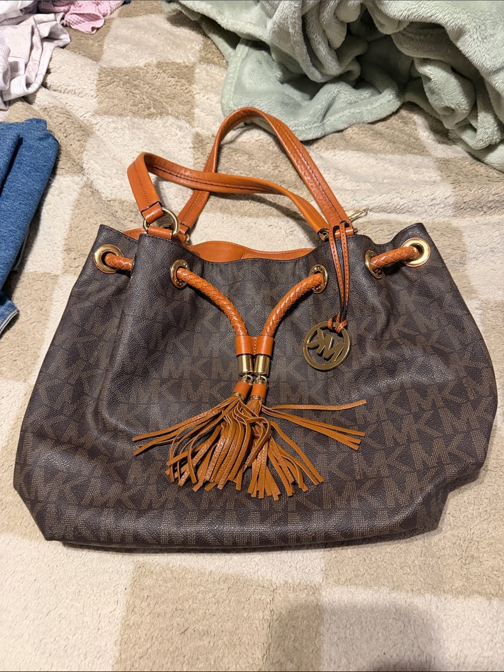 Michael Kors Brown MK Logo Shoulder Bag with Tan Trim and Tassel